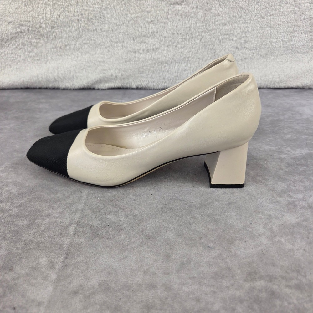 Xin Jing Cream Black Cap Toe Block Heel Square Toe Pumps 3337-2 Size 40